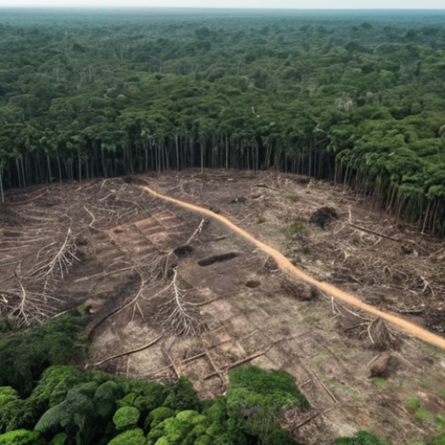 Home 4 ** Deforestation in the Amazon rainforest, showing a stark contrast between lush, green forest and cleared, barren land. Emphasis on the impact on displaced animals.
**