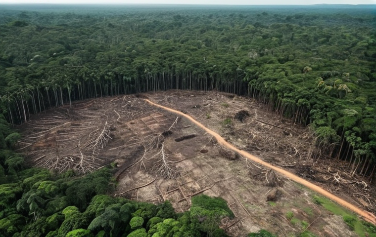 ** Deforestation in the Amazon rainforest, showing a stark contrast between lush, green forest and cleared, barren land. Emphasis on the impact on displaced animals.
**