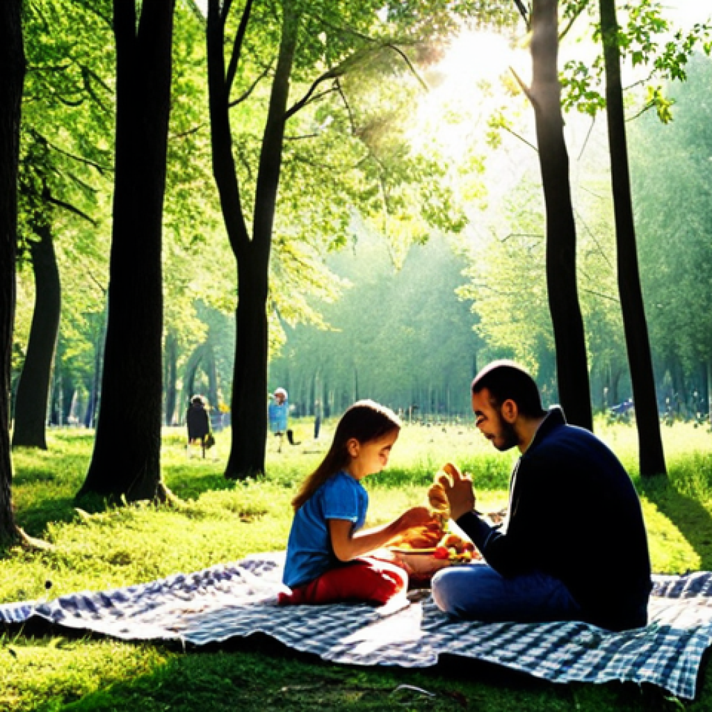 **
Prompt: Lush Belgrad Forest in Istanbul, sunlight streaming through the trees, a family having a picnic on a blanket, emphasizing the importance of urban green spaces and connecting with nature in a busy city.
**
