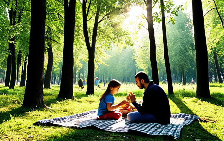 **
Prompt: Lush Belgrad Forest in Istanbul, sunlight streaming through the trees, a family having a picnic on a blanket, emphasizing the importance of urban green spaces and connecting with nature in a busy city.
**