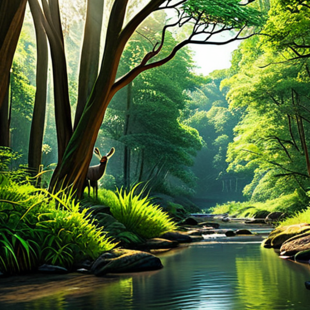 A breathtaking rewilded forest landscape, showcasing an abundance of vibrant biodiversity. Lush, dense trees with sun filtering through their canopies. A crystal-clear stream gently meanders through the healthy, rich undergrowth. Various native bird species are visible, perched naturally on branches, and a distant, gracefully posed deer is subtly visible among the foliage. The scene exudes a serene, natural atmosphere. Professional nature photography, high definition, vibrant colors, natural lighting. perfect anatomy, correct proportions, natural pose, well-formed hands, proper finger count, natural body proportions. fully clothed, modest clothing, appropriate attire, safe for work, appropriate content, family-friendly.