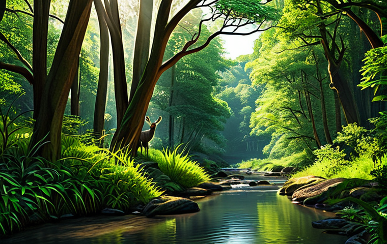 A breathtaking rewilded forest landscape, showcasing an abundance of vibrant biodiversity. Lush, dense trees with sun filtering through their canopies. A crystal-clear stream gently meanders through the healthy, rich undergrowth. Various native bird species are visible, perched naturally on branches, and a distant, gracefully posed deer is subtly visible among the foliage. The scene exudes a serene, natural atmosphere. Professional nature photography, high definition, vibrant colors, natural lighting. perfect anatomy, correct proportions, natural pose, well-formed hands, proper finger count, natural body proportions. fully clothed, modest clothing, appropriate attire, safe for work, appropriate content, family-friendly.