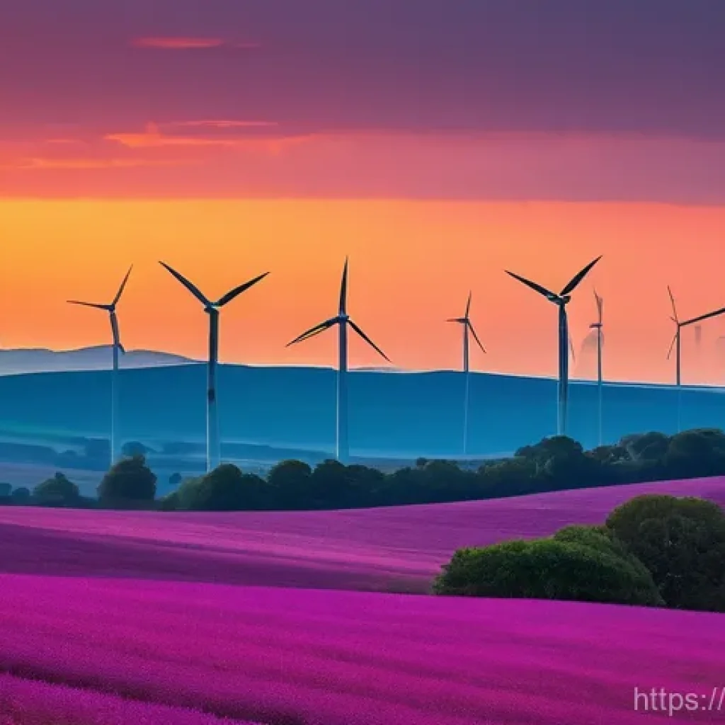 풍력발전 생태영향 - **Prompt: "A vast, serene landscape at sunset, featuring several imposing yet elegant wind turbines ...