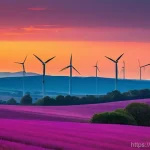 풍력발전 생태영향 - **Prompt: "A vast, serene landscape at sunset, featuring several imposing yet elegant wind turbines ...