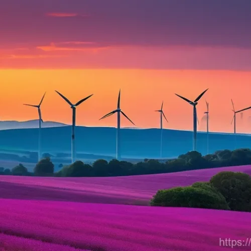 Home 23 풍력발전 생태영향 - **Prompt: "A vast, serene landscape at sunset, featuring several imposing yet elegant wind turbines ...
