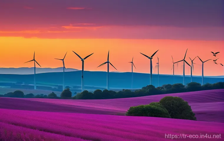 풍력발전 생태영향 - **Prompt: "A vast, serene landscape at sunset, featuring several imposing yet elegant wind turbines ...