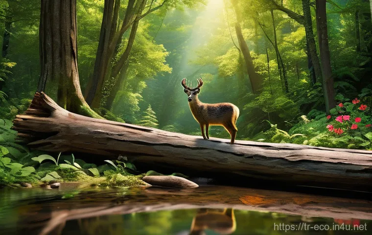 생태계 구조 - **Prompt:** A lush and vibrant forest ecosystem teeming with life. Sunlight streams through a dense ...